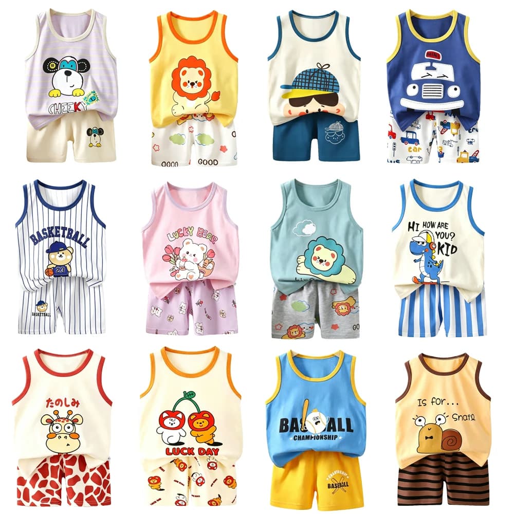 2PCS Children's Nightwear Set Summer Kids Pajamas Boys 1 to 2 3 4 5 6 Years Toddler Girl Sleepwear Bear Cat Funny Short Pijamas