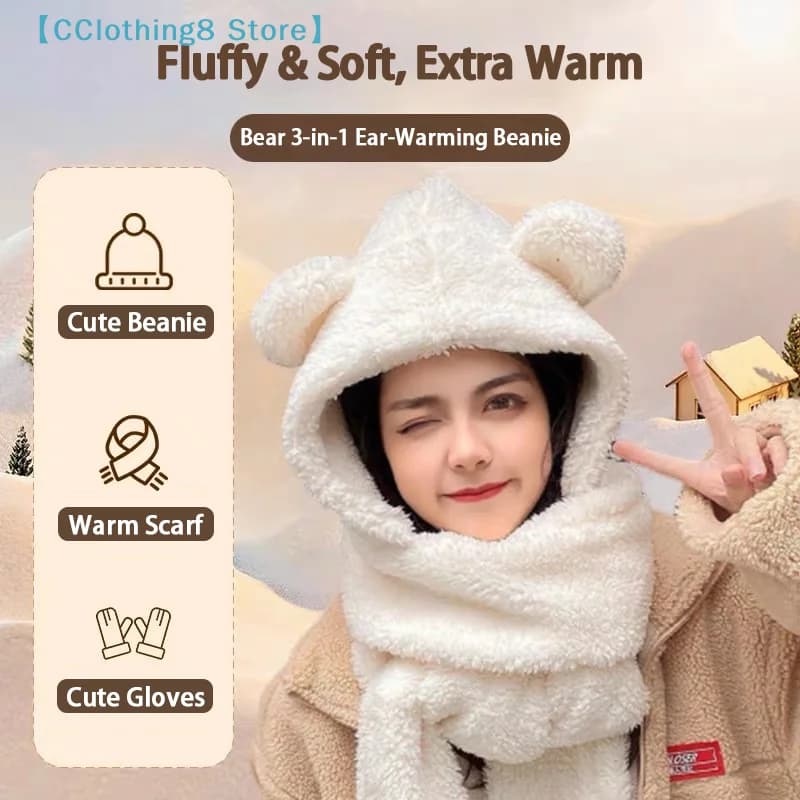 Nuovo Set 3 Pezzi: Cappello con Orecchie da Orso, Sciarpa e Guanti, Berretto Invernale Caldo e Antivento per Donna【AliS8】