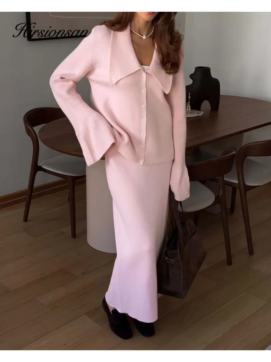 Hirsionsan Sexy Morbido Elegante Vintage Abiti da donna 2 pezzi Set femminili Polo Collo Cardigan Maglione e abito longuette Tuta lavorata a maglia