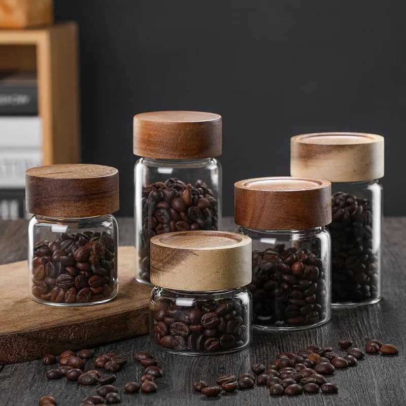 Barattolo in Vetro Borosilicato Fatto a Mano per Conservazione Alimenti, Spezie e Zucchero con Coperchio in Legno di Acacia