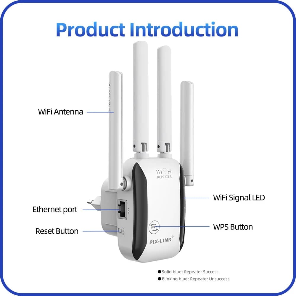 PIX-LINK WR43 Ripetitore WiFi 300Mbps Router Wireless AP con 4 Antenne, Estensore di Segnale 2.4GHz per Casa e Ufficio, Penetrante nelle Pareti