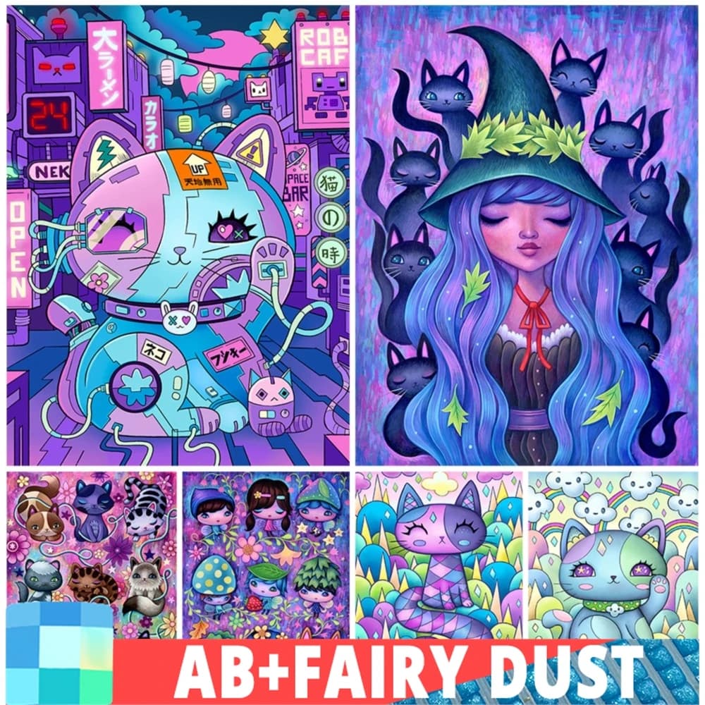 AB Fairy Dust DIY 5D Diamond Painting Animal Cat Fantasy Cartoon Girl ricamo mosaico fatto a mano Set Cross Stitch Home Decor