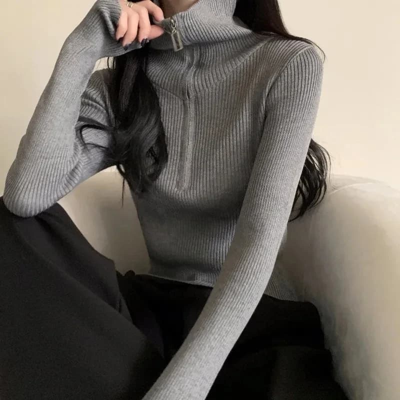Xpqbb maglione lavorato a maglia grigio Vintage donna primavera autunno cerniera dolcevita Pullover femminile Solid Basic Bottoming ponticelli a coste