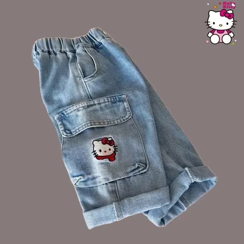 Jeans Kawaii Anime per Ragazze Hello Kitty Pantaloni Cargo Cartoon Dolci alla Moda Comodi per Bambini Morbidi Casual Versatili