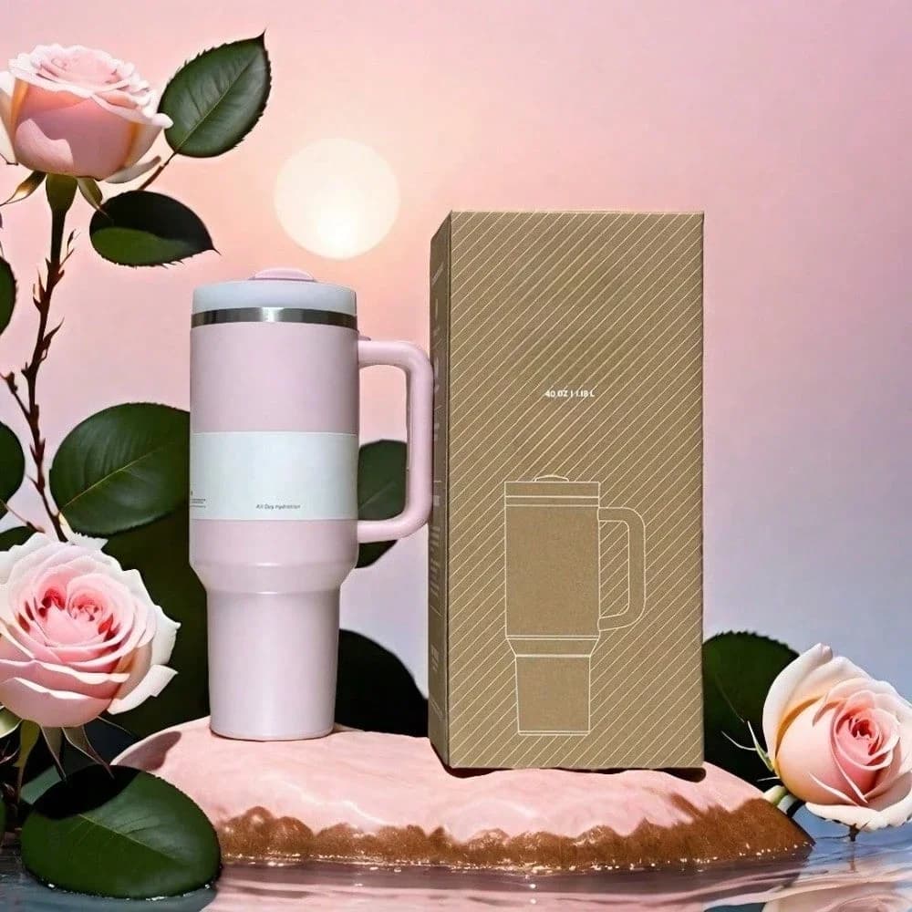 40oz Pastel Pink Insulated Tumbler with Handle & Straw, Large Capacity Stainless Steel Travel Coffee Mug, Leakproof Water Cup for Car Office Daily Hydration
