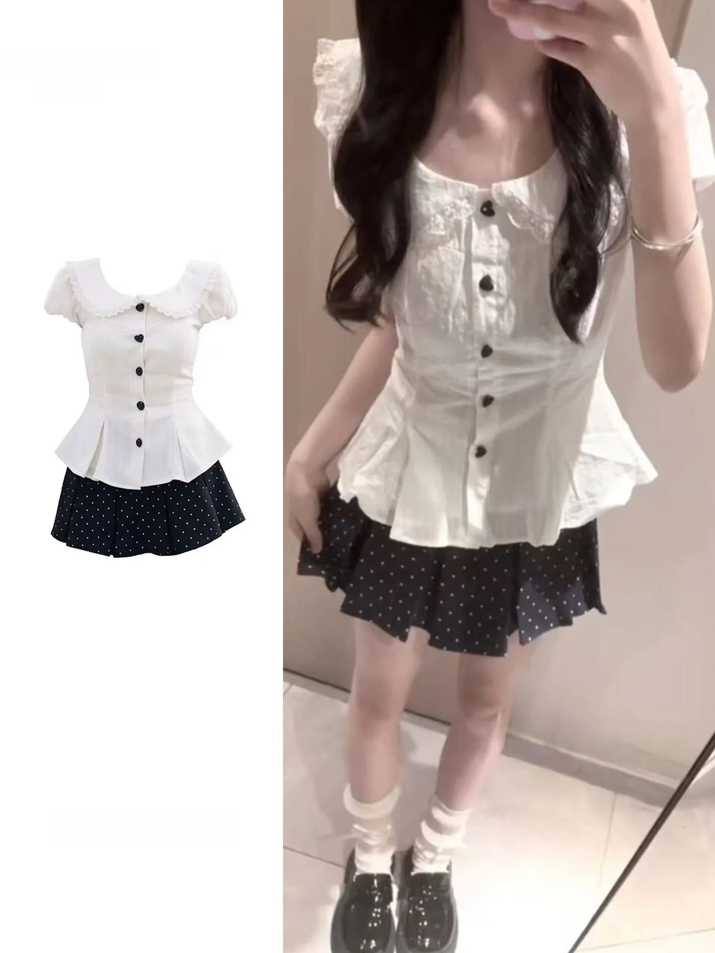 Korean Style Polka Dot Doll Collar Short Sleeve Waist Cinched Top And Skirt Two Piece Set Women's Summer Fashion Ensemble