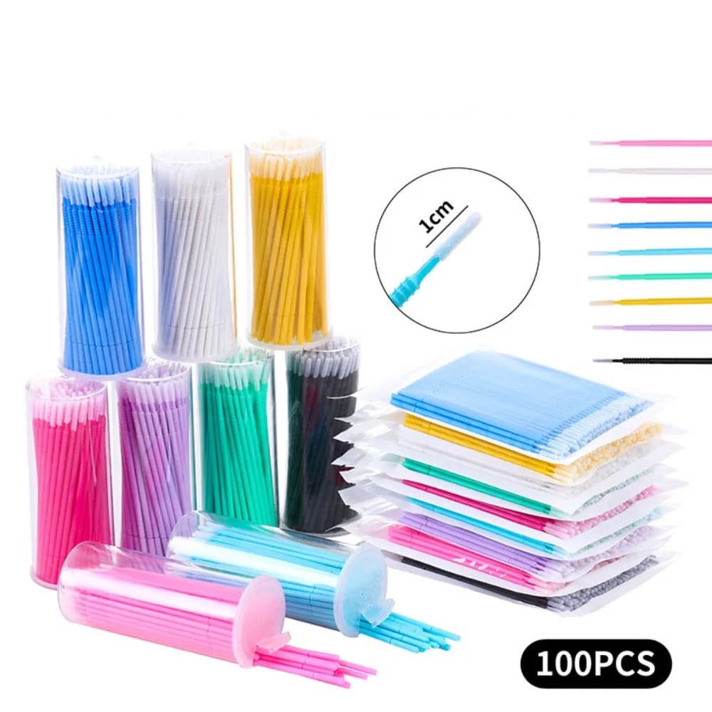 Set of 100 pcs. of disposable micro applicators, brushes for extension eyelashes, individual cleaning pads, tools for mascara and eyelashes without hair