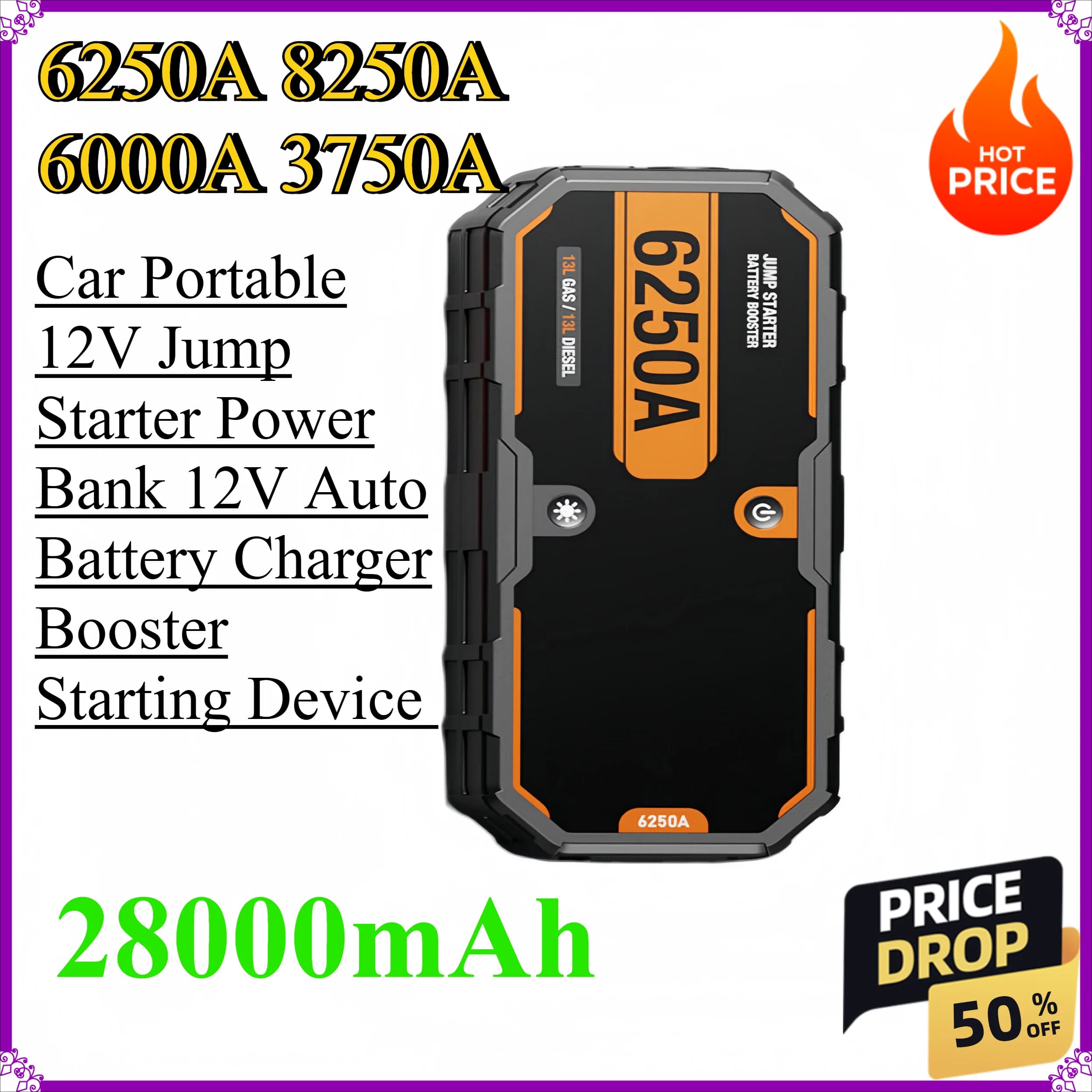 Avviatore di Emergenza Portatile per Auto 6250A 6000A 3750A 8250A, Power Bank 12V, Caricabatterie Auto 12V, Dispositivo di Avviamento