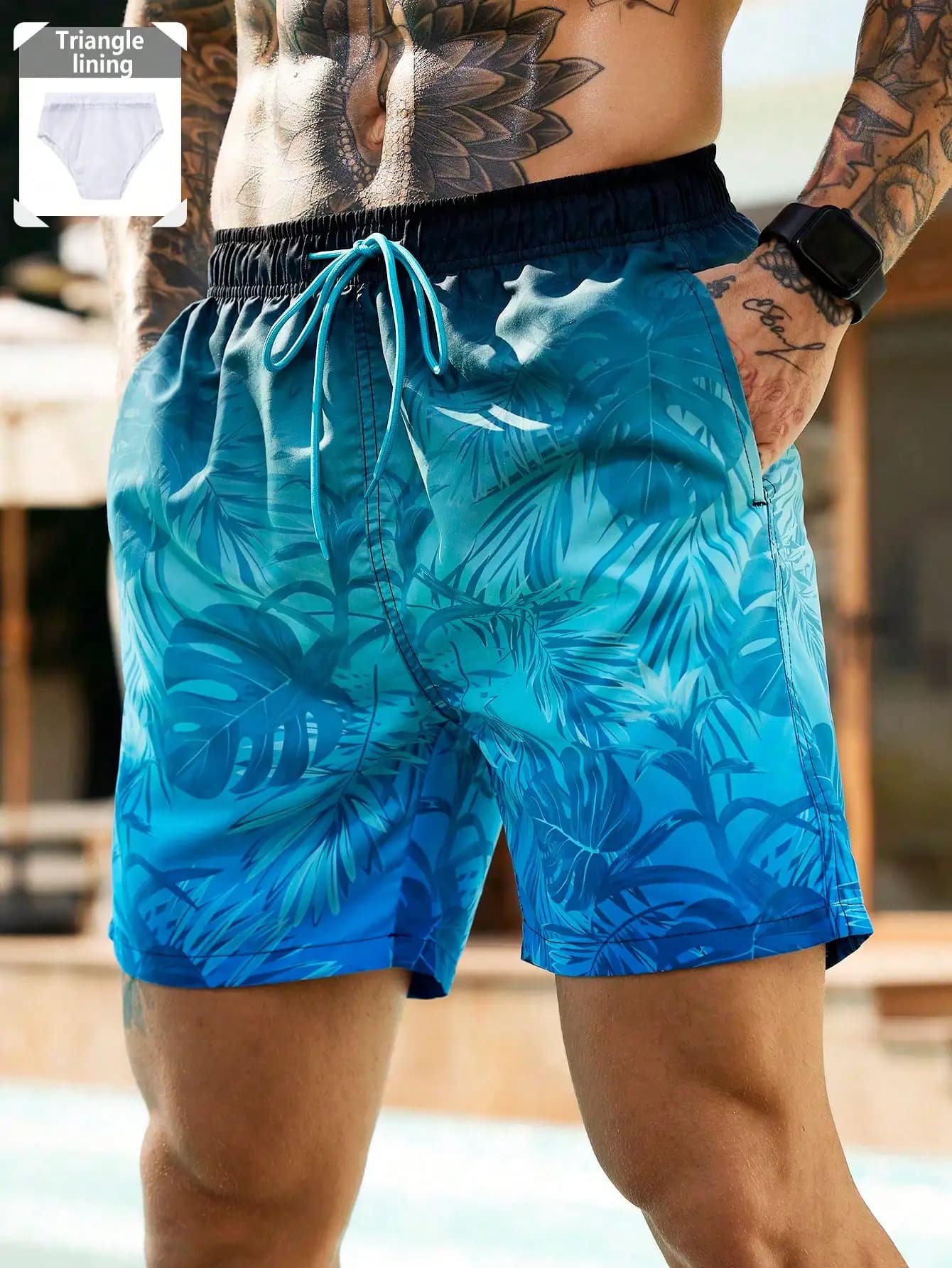 Costume da bagno da uomo con stampa tropicale e coulisse in vita