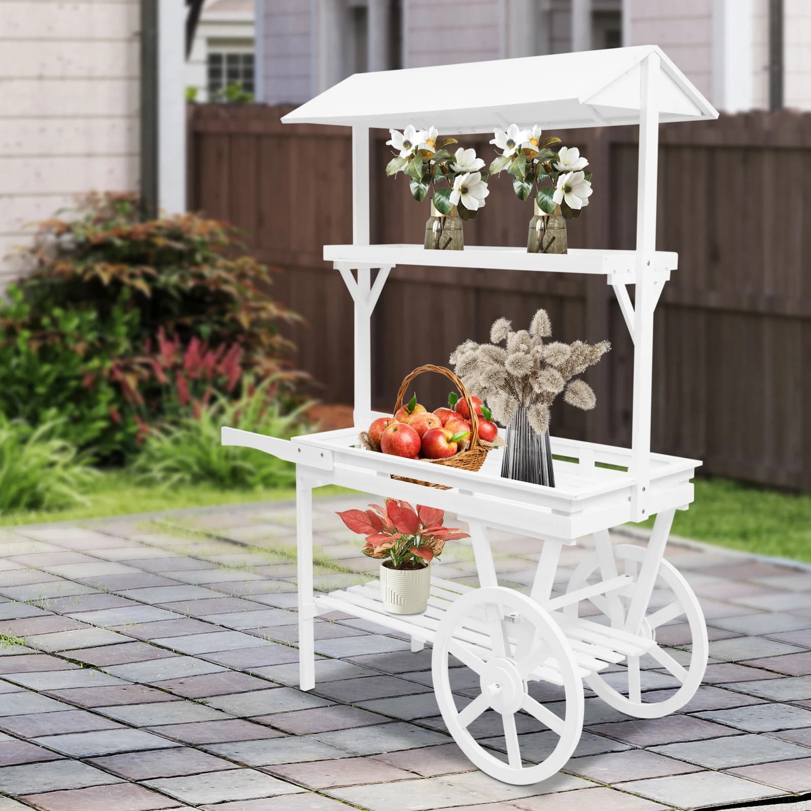 White Cedar Wood Flower Cart Display Stand with 2 Wheels, 3‑Tier Garden Utility Cart for Displaying Various Flowers, Potted Plants & Food Items