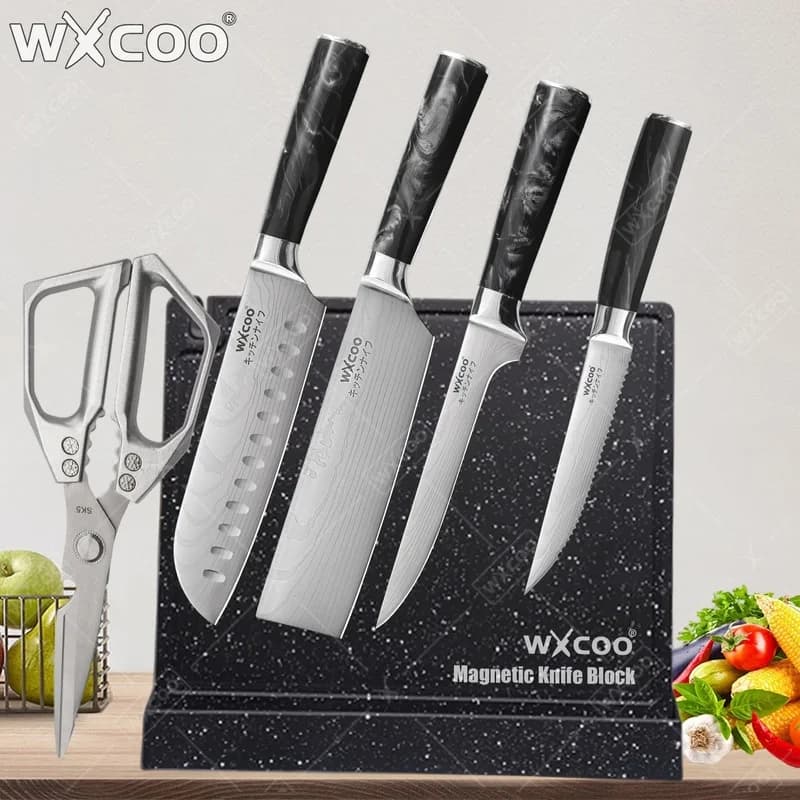WXCOO Kitchen Knife, Fruit Knife, Japanese Santoku, Stainless Steel Knife, Chef Knife Set with Magnetic Block