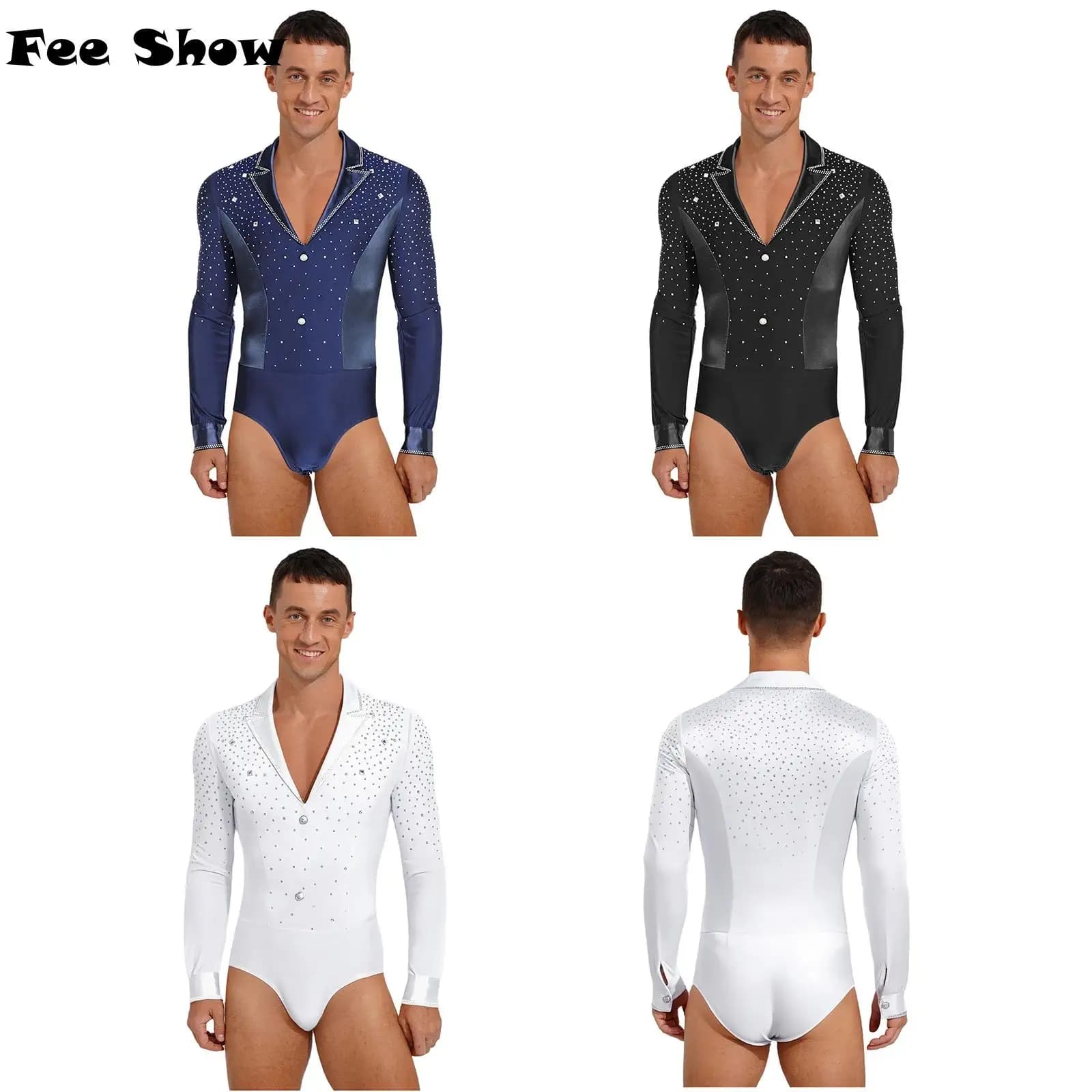 Mens Latin Dance Bodysuit Glittery Rhinestone Lapel V Neck Long Sleeve Openable Crotch Leotard Jumpsuit for Figure Skating