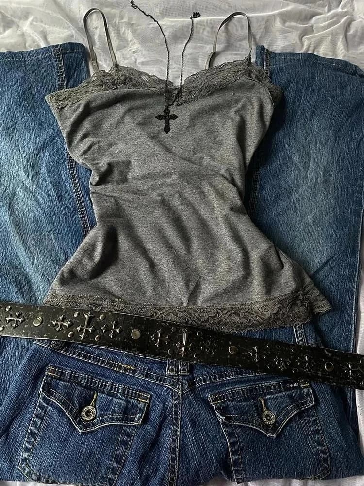 T-shirt da donna gotica sexy Punk Slim Lace Crop Canotte Vintage Y2k Harajuku anni 2000 American Grunge Backless Emo Chic Camis