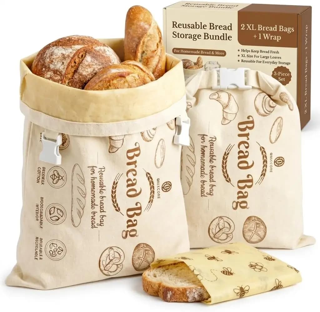 Set di 3 Sacchetti in Cotone con Cera d'Api per Pane a Lievitazione Naturale - 2XL Organici Riutilizzabili con Rivestimento in Cera d'Api e Chiusura a Fibbia + 1 Involucro in Cera d'Api