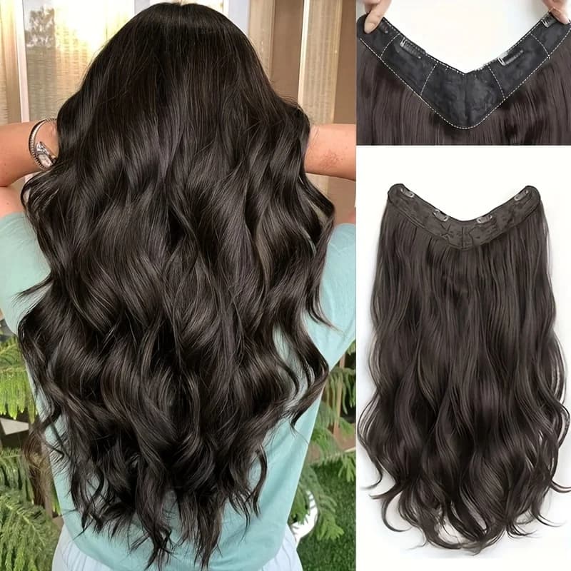Extensioni per capelli sintetiche a clip da 20 pollici con onda a V, in fibra resistente alle alte temperature, facili da applicare, senza cuciture, con 4 clip, parrucca.
