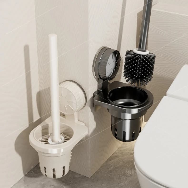 Scopino per WC a parete con ventosa, senza foratura, strumento per la pulizia, porta scopino, nessun punto cieco, per bagni e toilette
