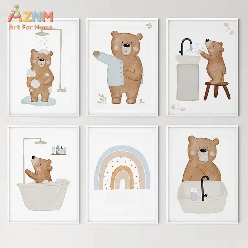AZNM Watercolor Bath Bear Canvas Wall Art Cute Bear Taking Shower Rainbow Soft Neutral Kids Bathroom Nursery Unframed Canvas Dec
