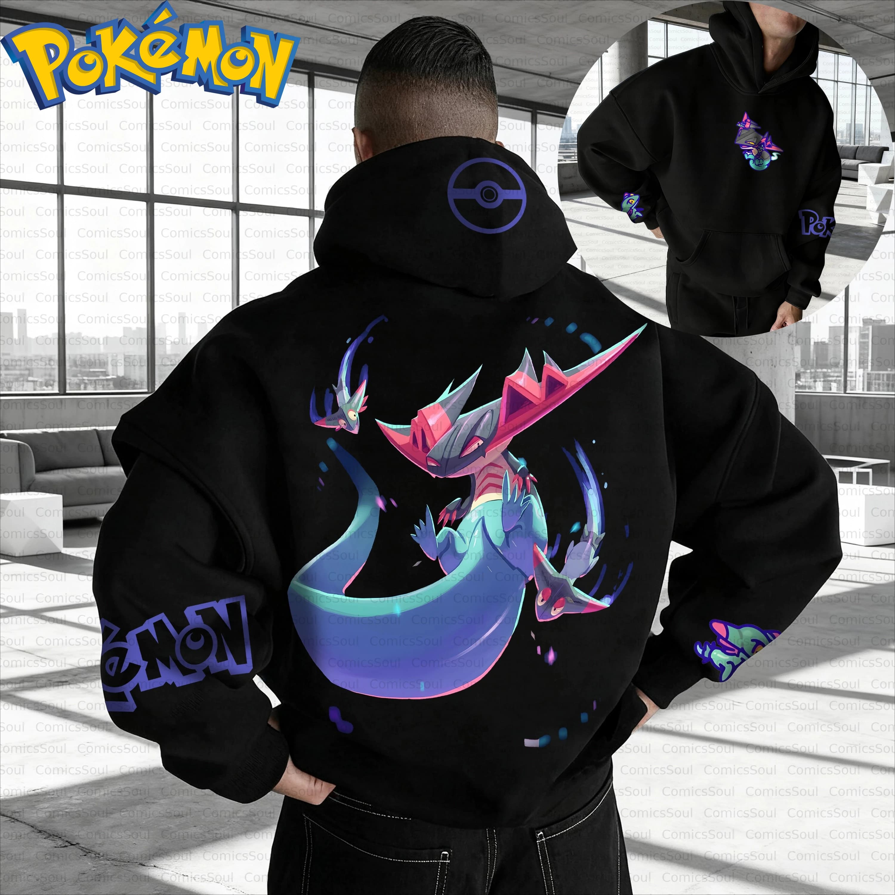 Felpa con cappuccio Pokemon in cotone nero e pantaloni Harajuku con stampa sul retro di caratteri colorati Design viola blu rosa e cappuccio Pokeball