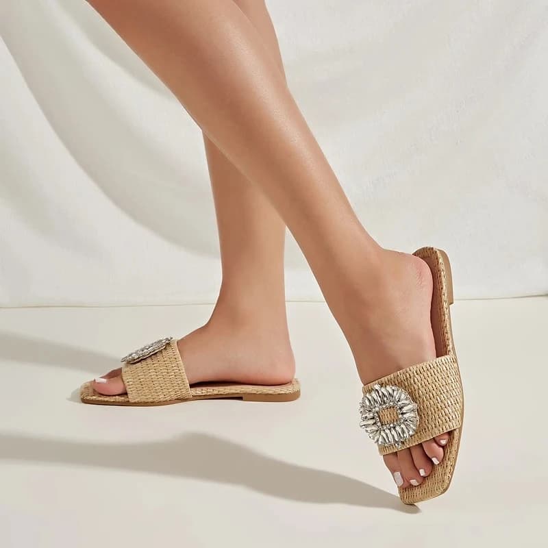 Women's Beige Woven Straw Rhinestone Buckle Square Toe Flat Slides, Casual Summer Beach Vacation Slip-On Sandals, Drop Shipping