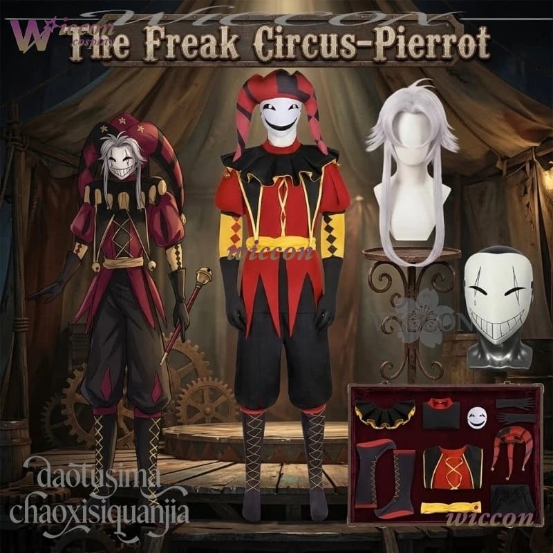 iesq/ The Freakak Game Circusus Cosplay Pierrotot Costume Red Black Horror Clown Uniform 3D Polylactic Acid Mask Wigs Halloween