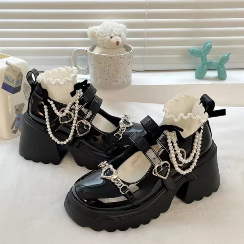 Nuove Scarpe Lolita a Forma di Cuore per Donna 2025, Graziose Scarpe Mary Jane con Tacco Alto e Plateau