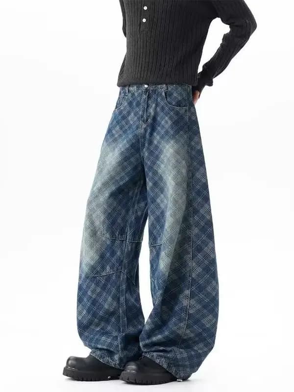 Jeans American Sle Plaid Knife da uomo, pantaloni larghi a gamba larga, stile High Street, pantaloni lunghi a zampa larga per uomo e donna