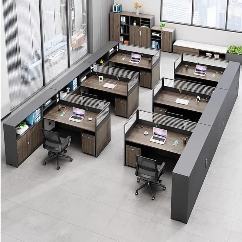 Scrivania Moderna per 4-6 Persone con Schermo Rinforzato e Set di Sedie, Design Finanziario Semplice per Ufficio