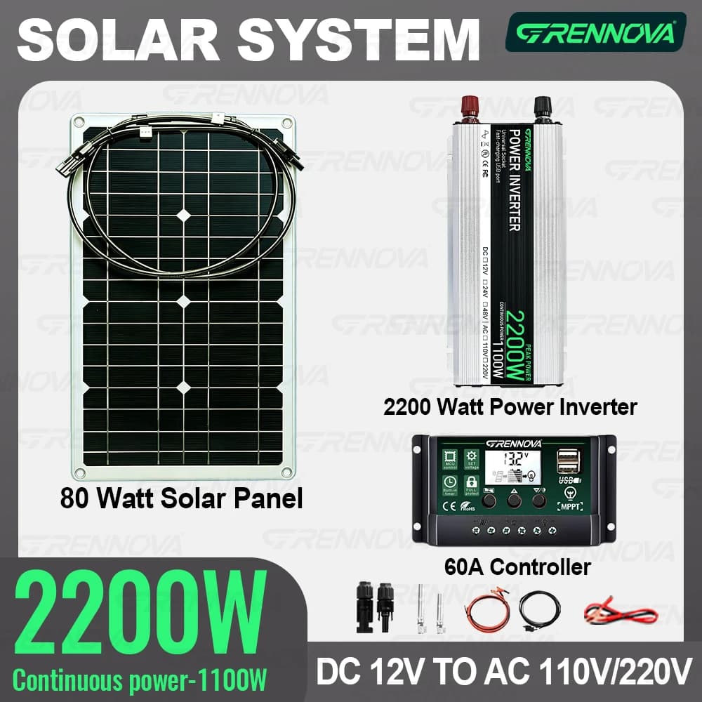 Kit Sistema di Energia Solare 80W con Pannello, Regolatore 60A, Inverter (Picco 2200W Continuo 1100W) da DC 12V a AC 110V 220V per Casa e Esterni