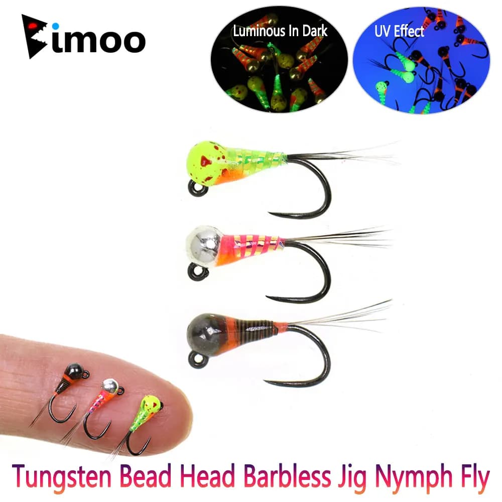 Bimoo 6 pezzi # 18 Testa di perline di tungsteno Barbless Jig Ninfa Mosca Corpo epossidico luminoso Affondamento rapido Bagnato Euro Ninfa Fly Trota Esche da pesca