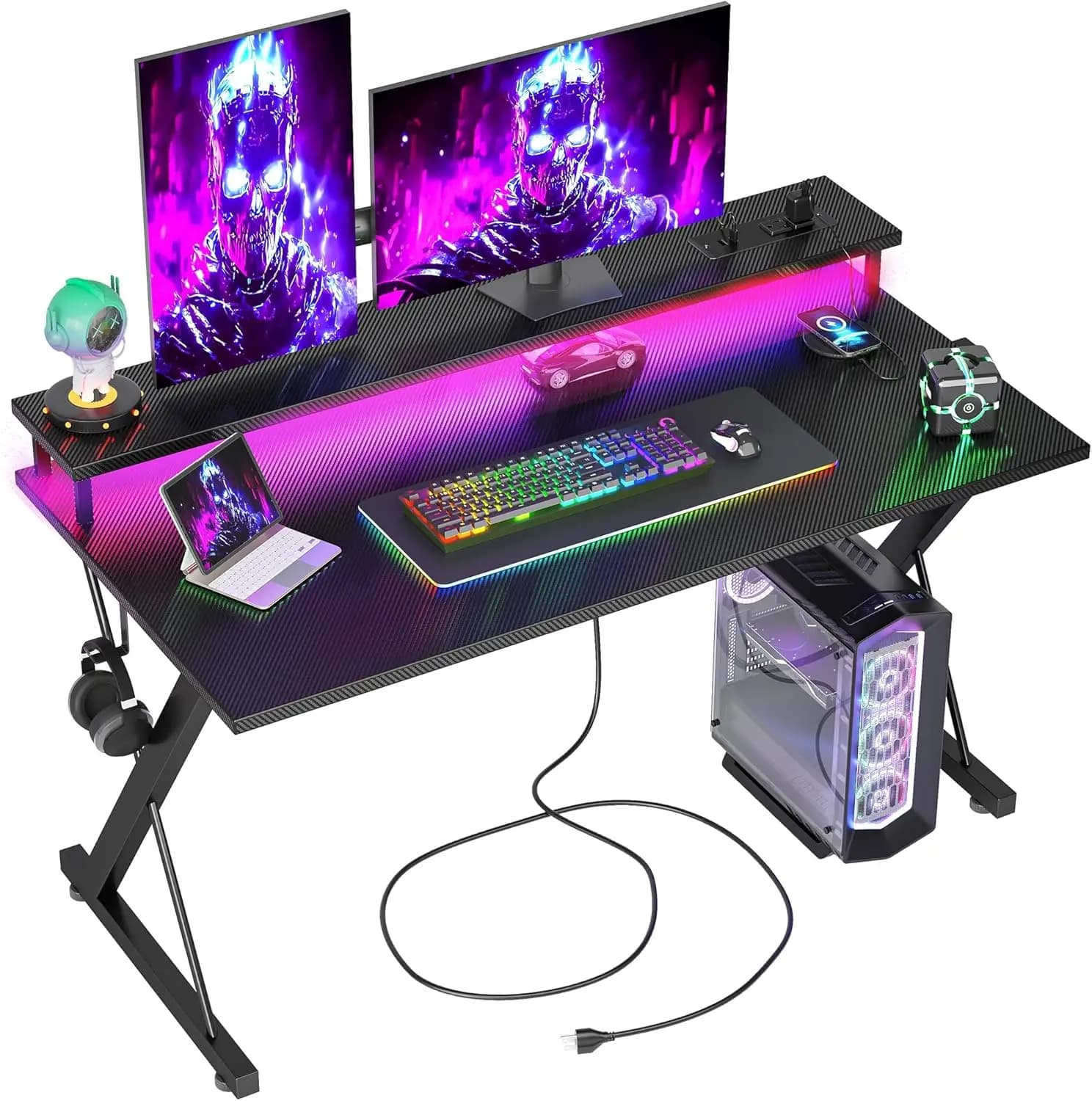 Scrivania da gaming nera da 40 pollici con prese di corrente, superficie in fibra di carbonio con LED, supporto per monitor, gancio per cuffie, postazione PC per camera da letto