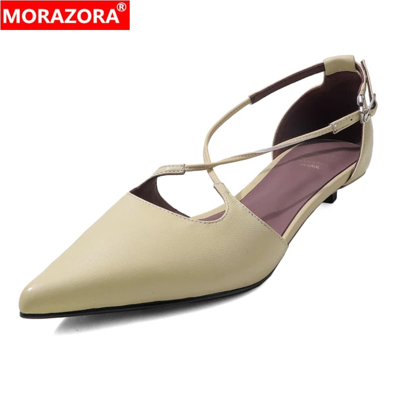MORAZORA Size 34-41 Genuine Leather Sandals Women Shoes Low Heels Summer Sandals Pointed Toe Party Dress Shoes Ladies Footwear