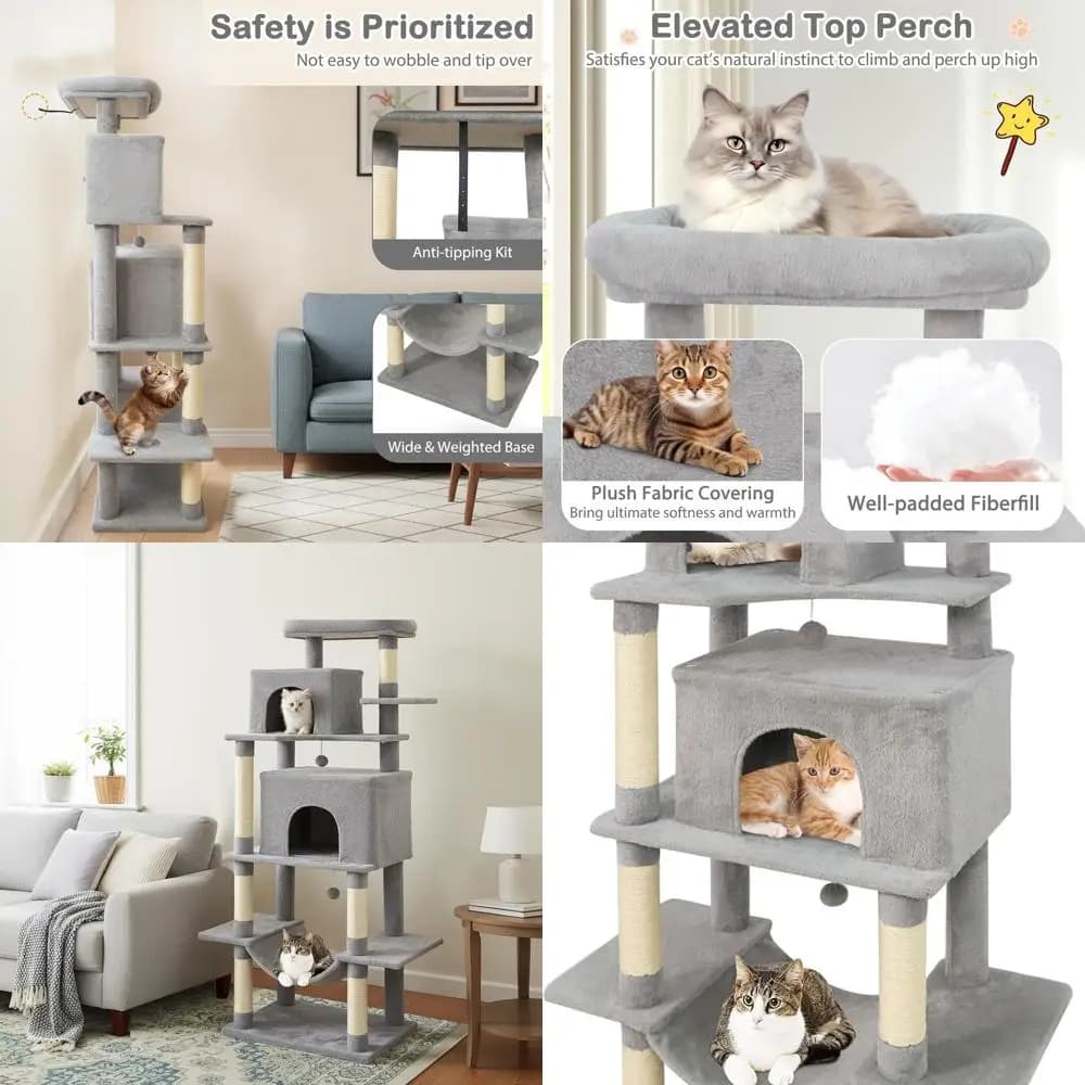 Torre per Gatti Alta 70 cm con Pali in Sisal, Trespolo in Peluche, 2 Casette, Amaca, Palline per Gatti da Interno (Grigio Chiaro)