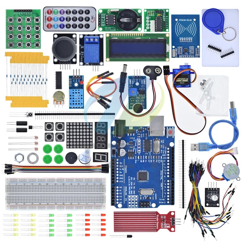 Kit RFID di ultima generazione TZT per Arduino UnoR3 - Breadboard e supporto per UnoR3, motore passo-passo / Servo / LCD 1602 / Cavi Jumper / UNOR3