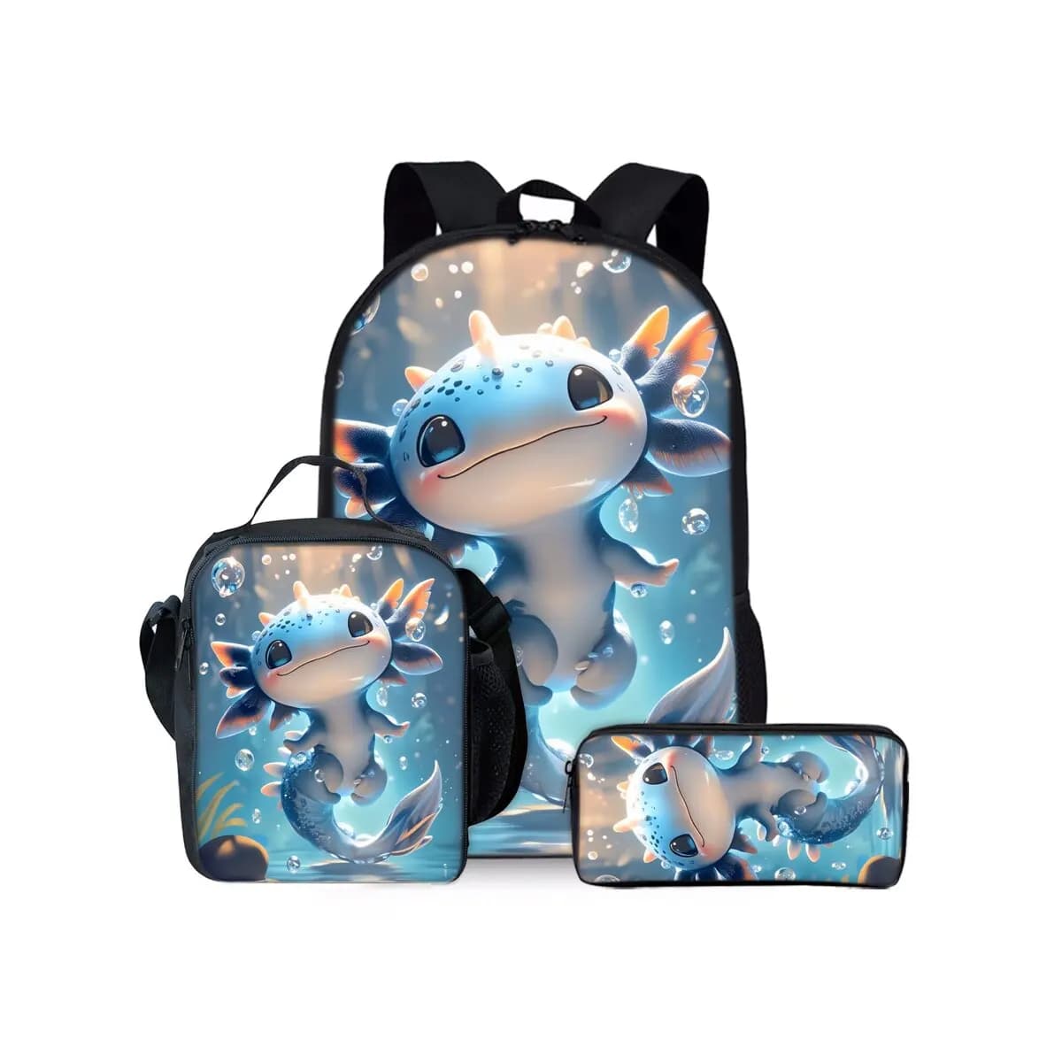Set di Tre Zaini con Stampa Drago Marino per Ragazzi e Ragazze, Miglior Regalo, Borsa Scolastica 2D Piatta con Cartoni Animati per Bambini