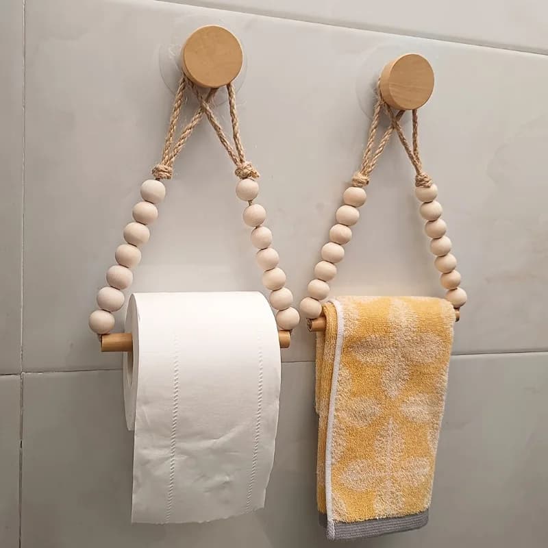 Portarotolo in Legno con Perline, Espositore per Fazzoletti in Stile Nordico Rustico, Portasciugamani