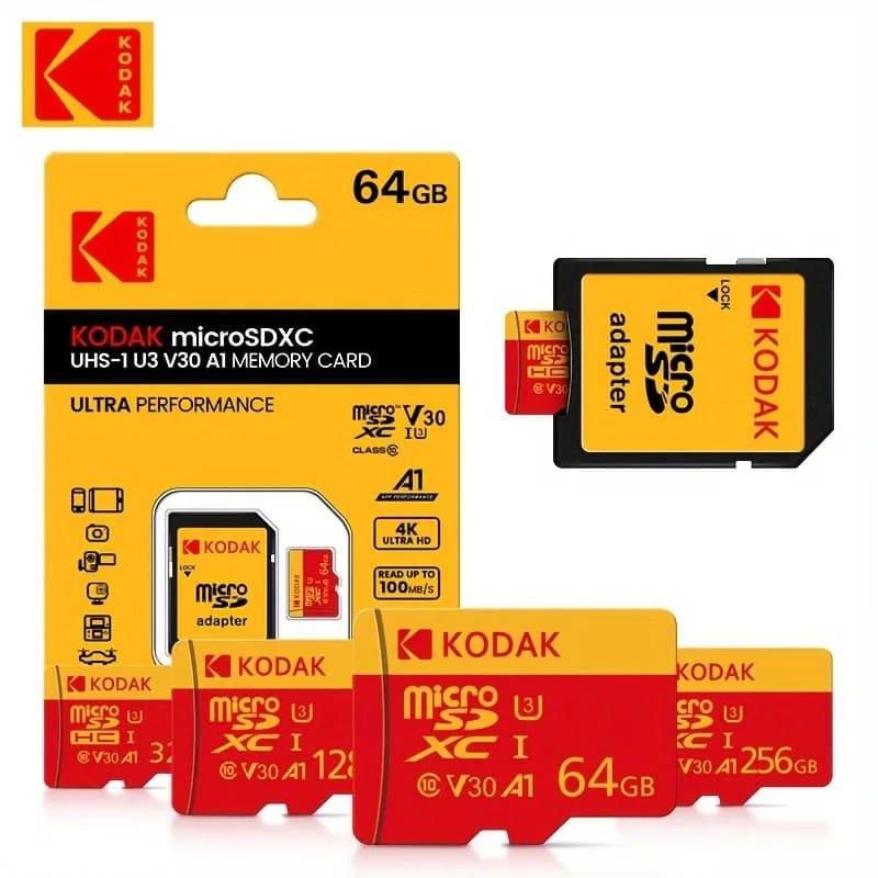 High Speed MicroSDXC card adapter Kodak - 32 GB-256 GB, UHS-I U3 V30 A1, for laptops, smartphones, surveillance cameras and dashboard