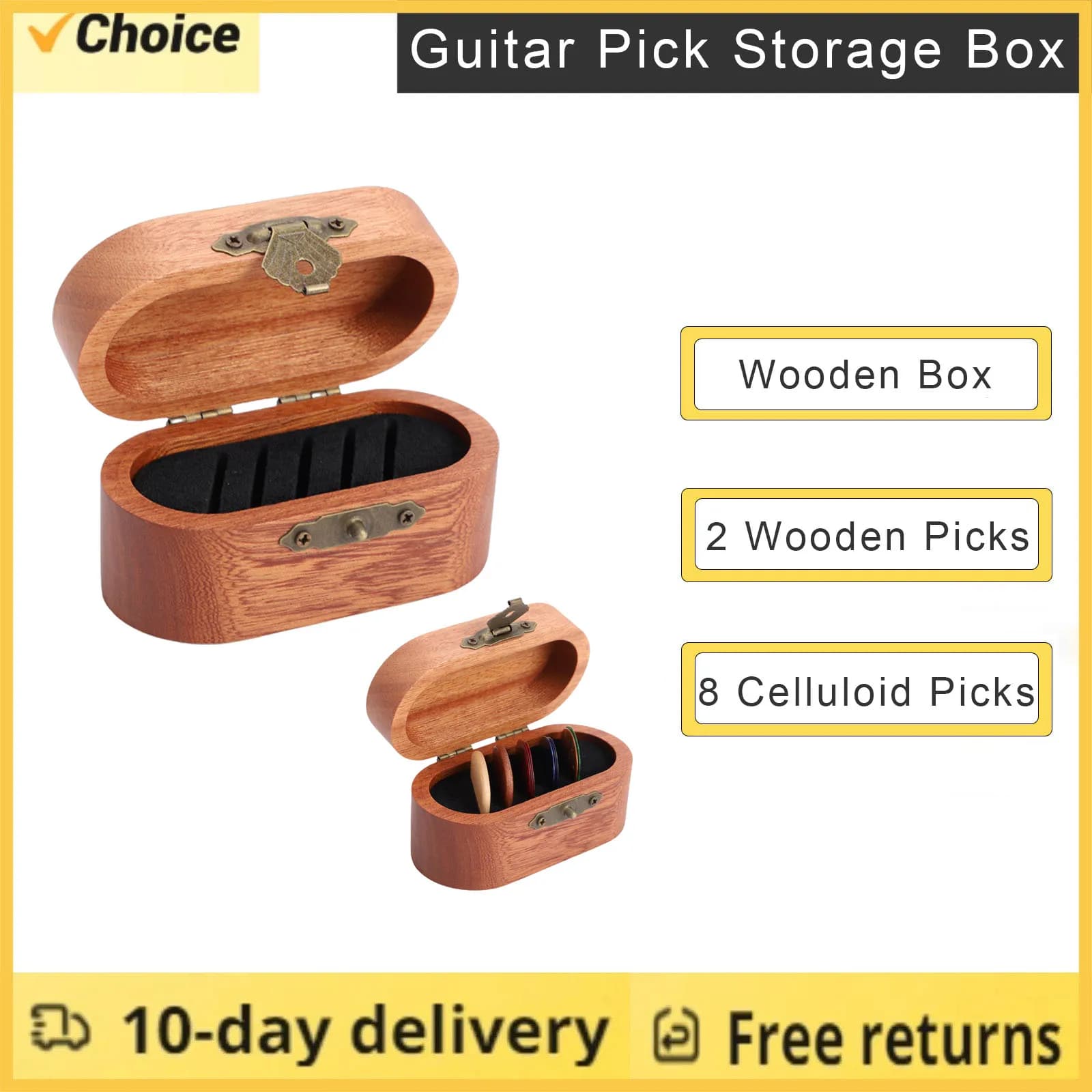 Scatola Porta Plettri per Chitarra con 2 Plettri in Legno e 8 Plettri in Celluloide, Contenitore per Accessori Musicali per Chitarristi