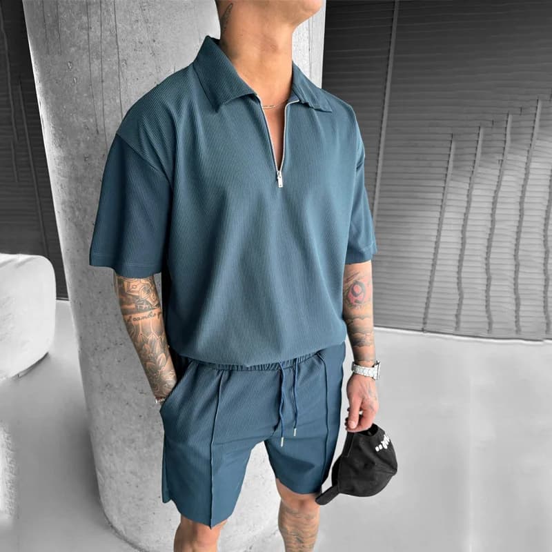 2026 Summer American Men's Fashion Solid Color 2 Piece Sets Casual Loose Turn-down Collar Zipper Short Sleeve T-shirts Shorts