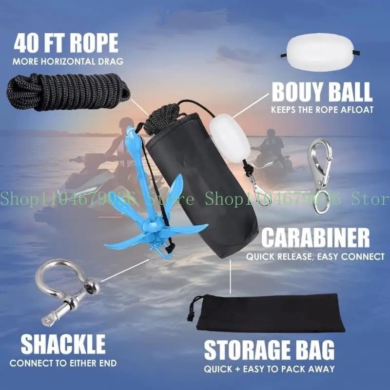 652F 4 Claws Boat Mooring Set Includes Storage Bag & Marine Grade Rope Small Foldable Grapnel Mooring for Small Watercraft