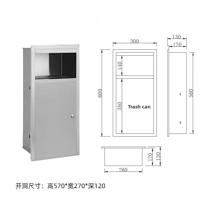 Wall Mounted Stainless Steel Trash Can with Tissue Holder 3-in-1 Commercial Hotel Restroom Waste Bin for Public Space