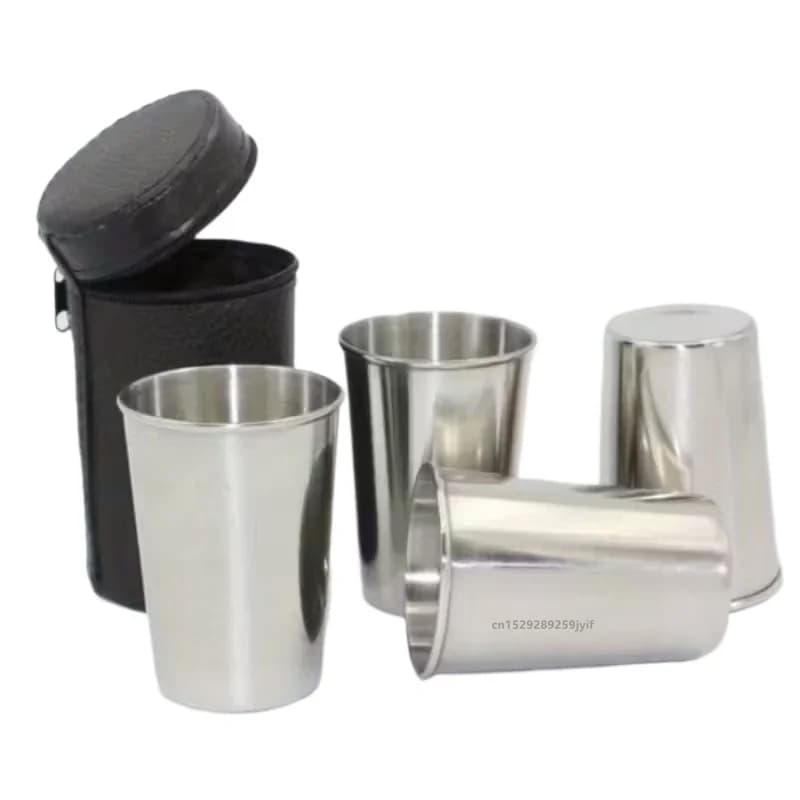 Set di 4 mini tazze portatili per esterni in acciaio inossidabile con custodia per escursionismo, campeggio, viaggi, bottiglie d'acqua compatte
