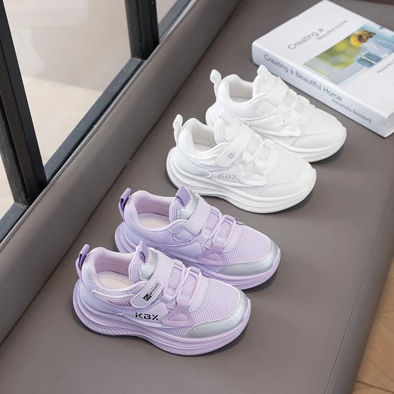 2026 New Girls Lavender Purple Mesh Platform Sneakers Silver Patchwork Velcro Strap Shock Absorbing Non Slip School Running Shoe