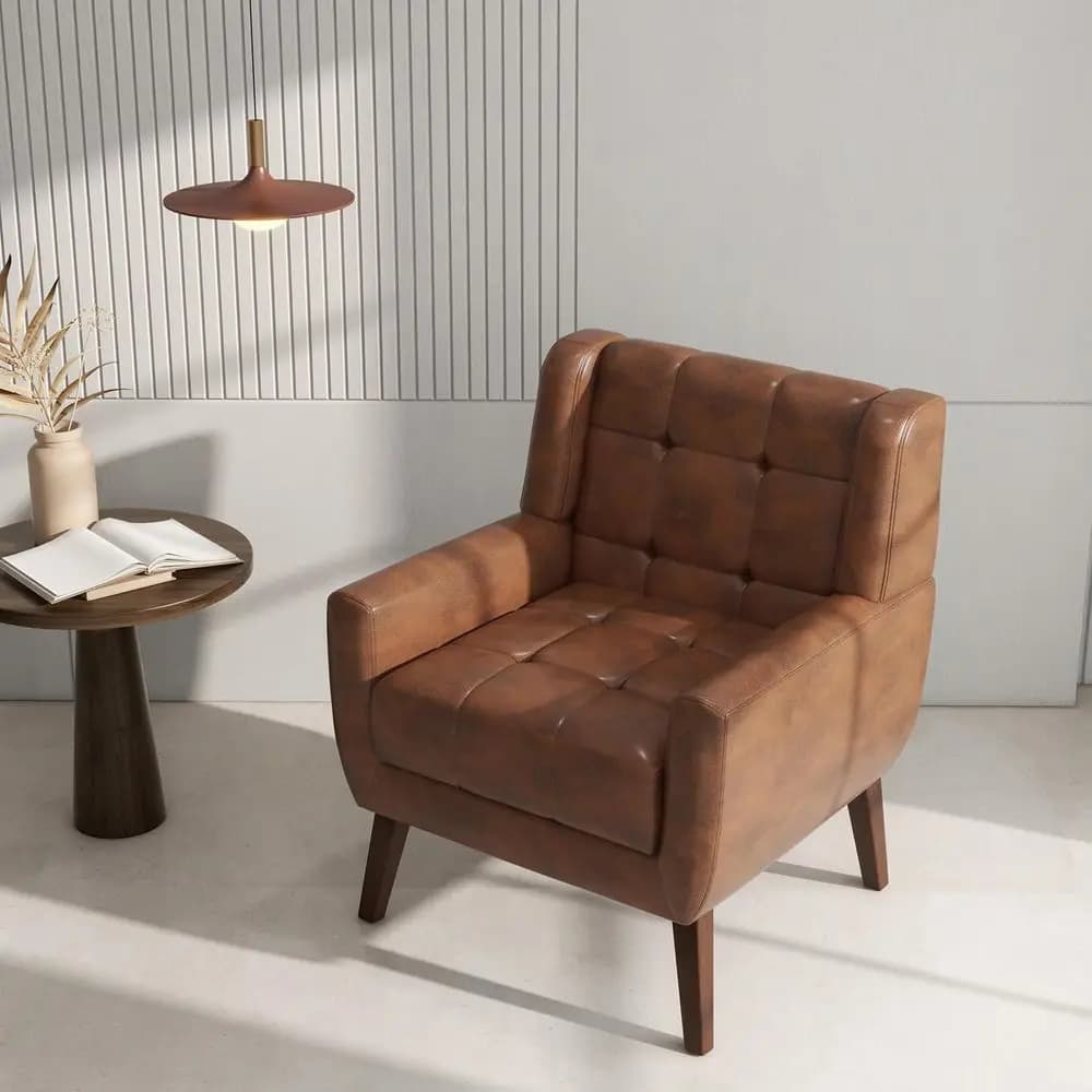 Poltrona Accent, Comoda Poltrona Piccola in Stile Century con Struttura in Legno Massello e Cuscino Morbido per Soggiorno, Camera da Letto (in Ecopelle, Cuoio, Set)