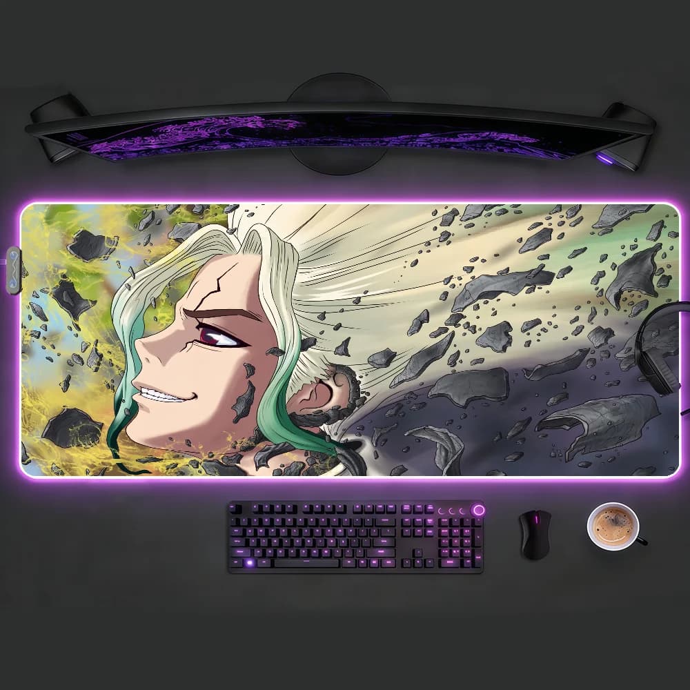 Tappetino per mouse Anime Dr. Stone-D con luce LED RGB, tastiera da gioco colorata, copertura antiscivolo, superficie impermeabile