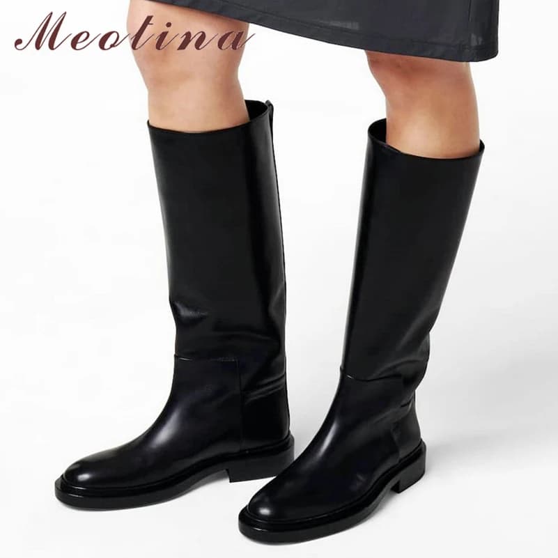 Meotina stivali alti al ginocchio in vera pelle da donna punta tonda piatta moda donna design di marca stivale lungo autunno inverno scarpe nere 43