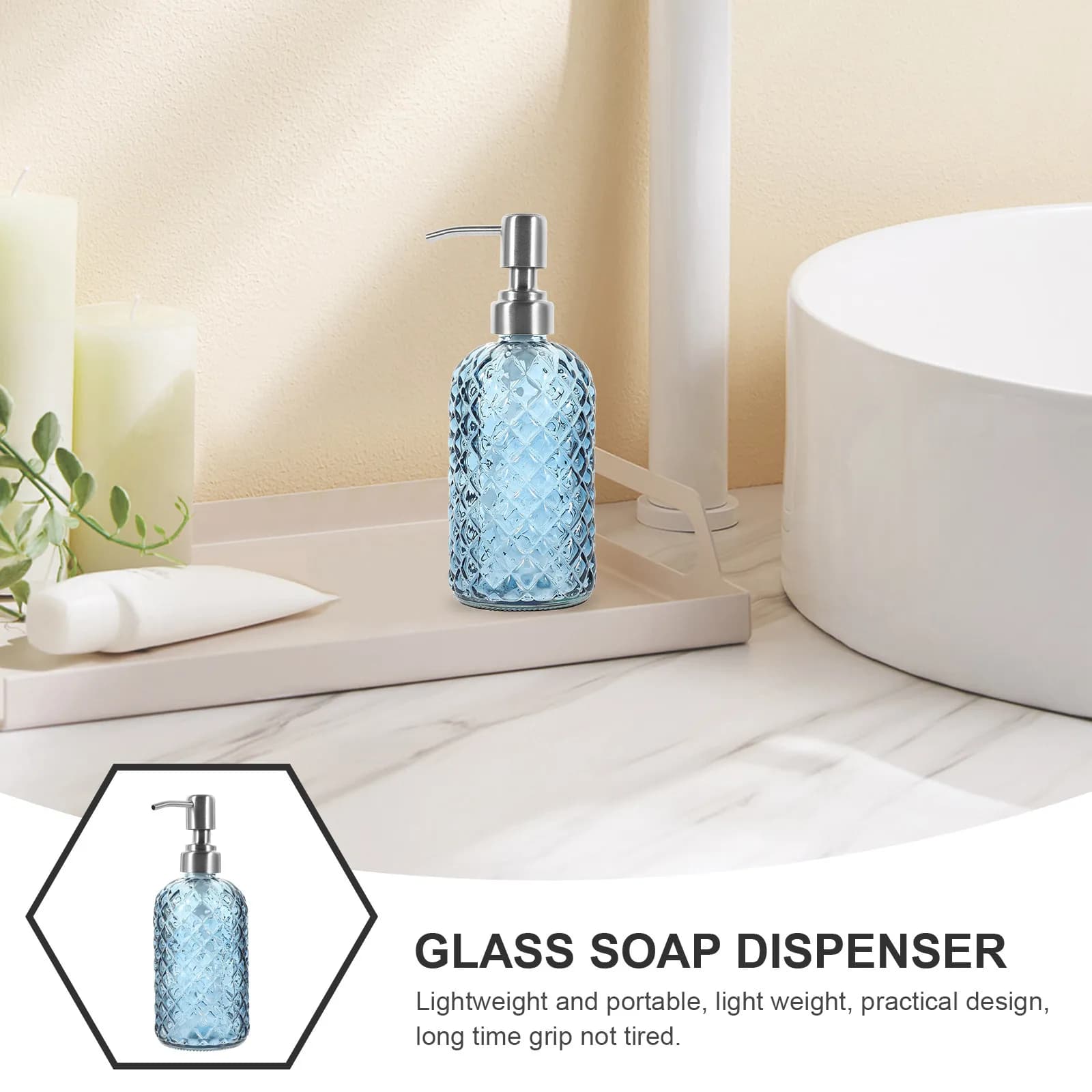 Dispenser di Sapone in Vetro con Pompa 350ml, Ricaricabile, Bottiglia per Sapone Liquido e Lozione, Antigoccia per Bagno, Cucina, Doccia