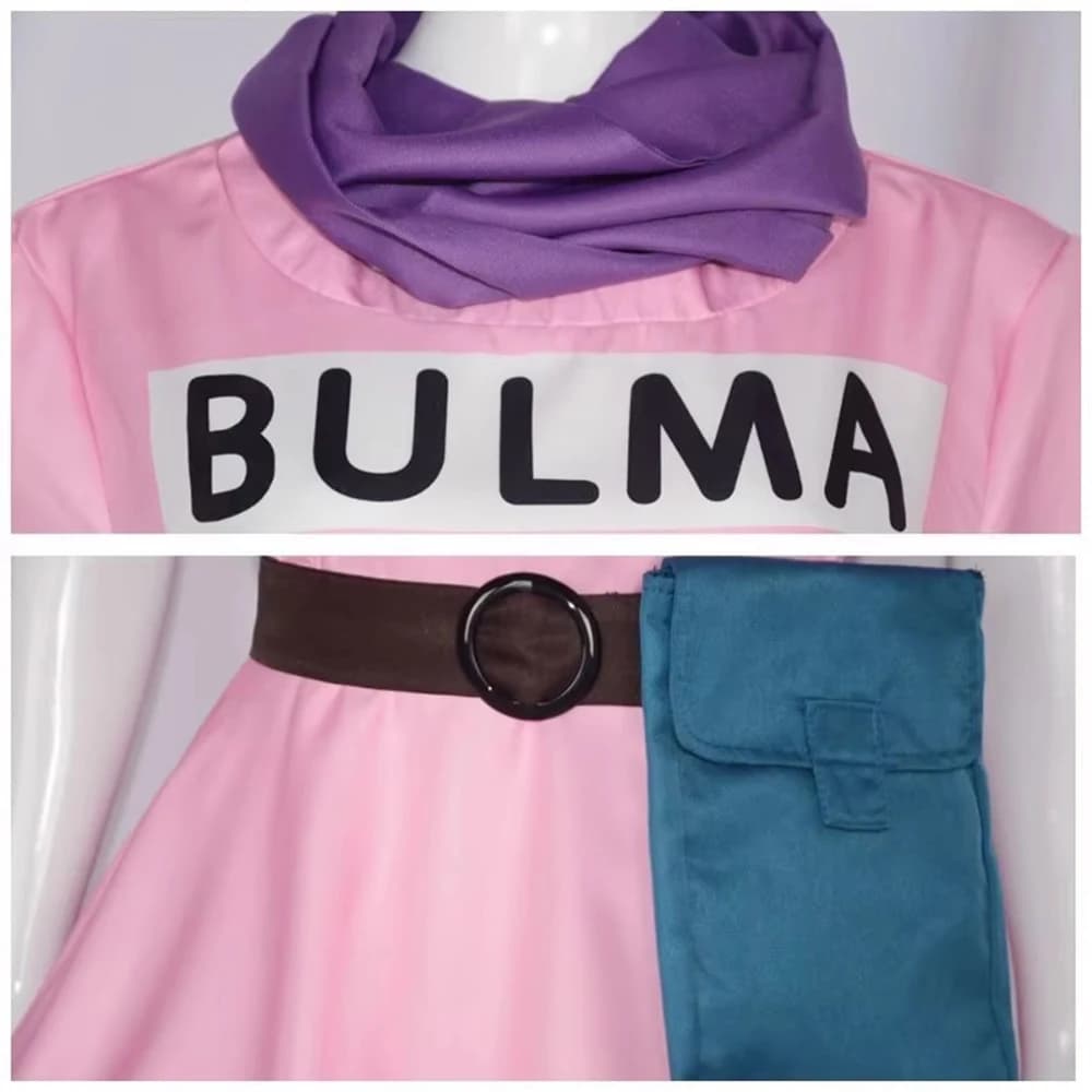 Anime Dragon Ball Bulma Cosplay Costume 5Pcs Pink Dress Set with Scarf Belt Bag Bow Bulma Halloween Party Cos Outfit for Women
