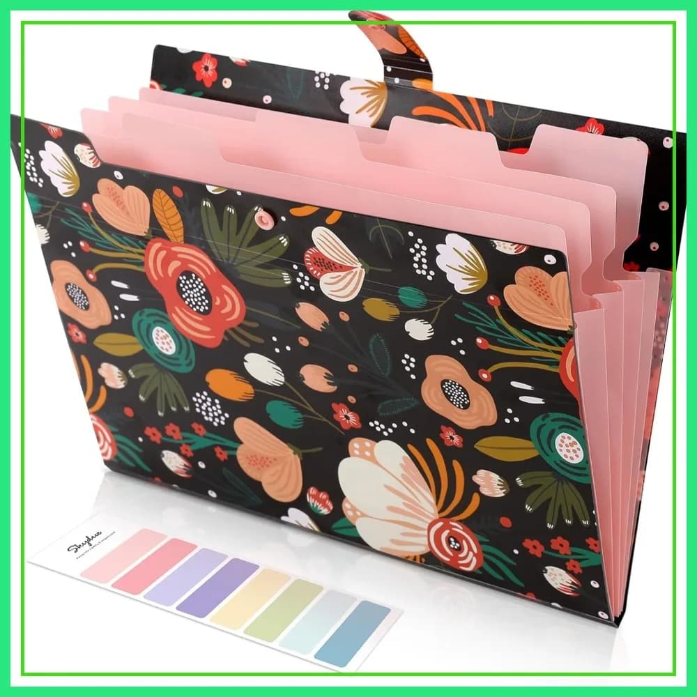 Cartella Portadocumenti Espandibile a 5 Tasche con Design Floreale, Organizzatore a Fisarmonica per Documenti, Ricevute, Materiale Scolastico e da Ufficio, Nero