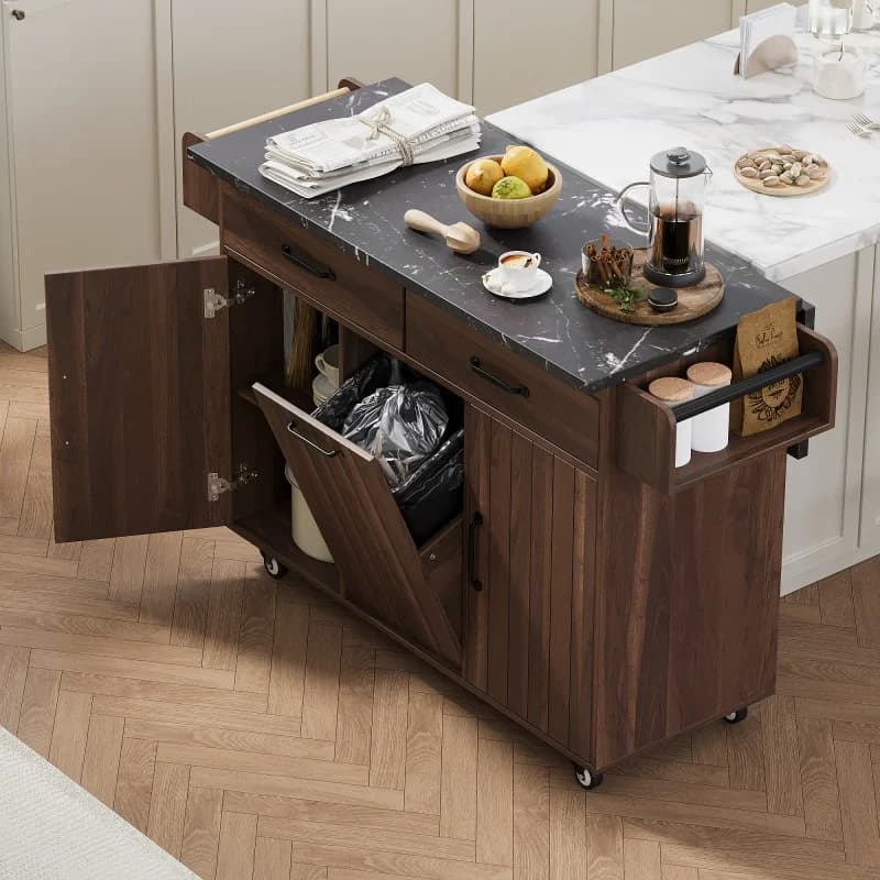 Isola da Cucina Moderna JC Rimovibile con Ruote, Cestino per Rifiuti, Porta Spezie Retrattile, Portasciugamani - Truciolato, 2 Cassetti