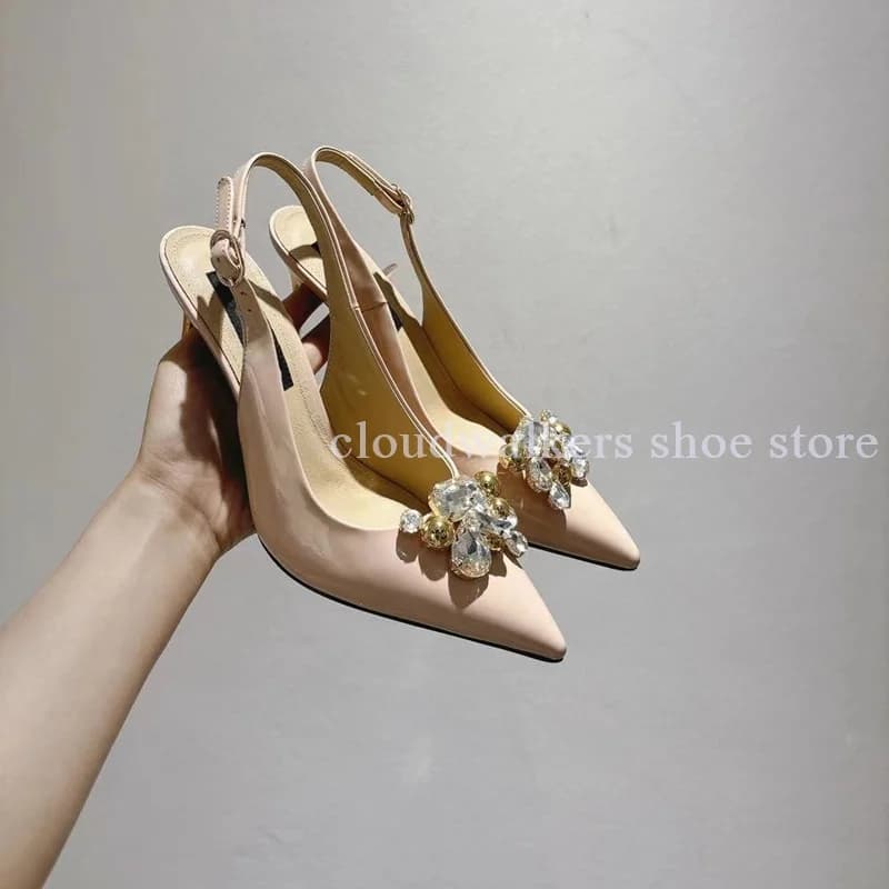 Scarpe con Tacco a Spillo in Vera Pelle per Donna, Punta Affusolata, Decorazioni in Strass e Perline, Tacco Metallico Sexy, Versatili ed Eleganti